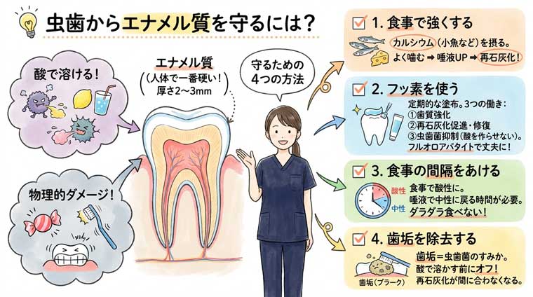 虫歯からエナメル質を守るには？の図解
