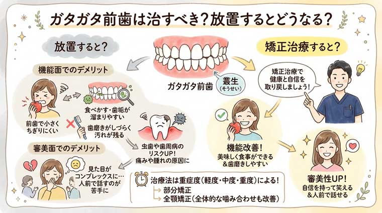 ガタガタ前歯は治すべき？放置するとどうなる？の図解