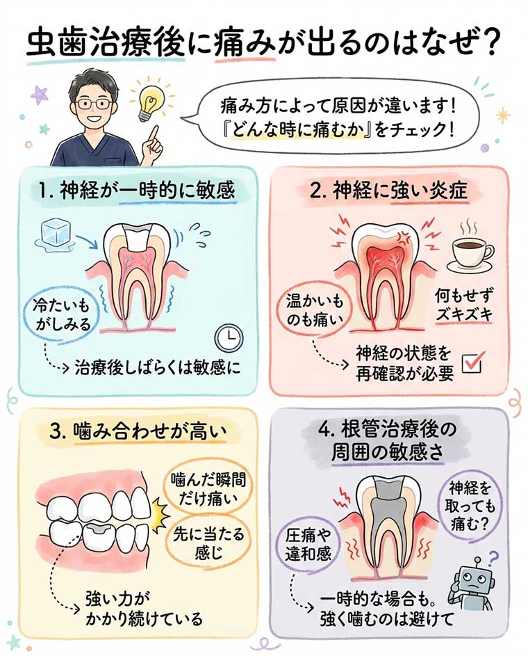 虫歯治療後に痛みが出るのはなぜ？の図解