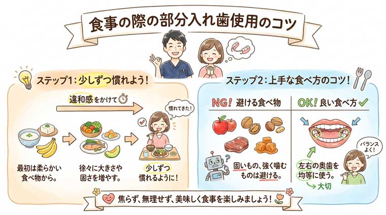 食事の際の部分入れ歯使用のコツの図解