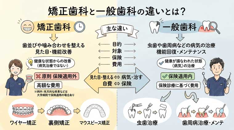 矯正歯科と一般歯科の違いとは？の図解