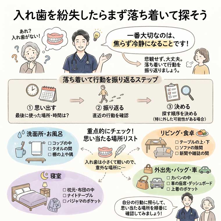 入れ歯を紛失したらまず落ち着いて探そうの図解