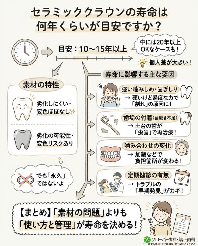 セラミッククラウンの寿命は何年くらいが目安ですか？