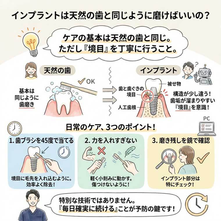 インプラントは天然の歯と同じように磨けばいいの？の図解
