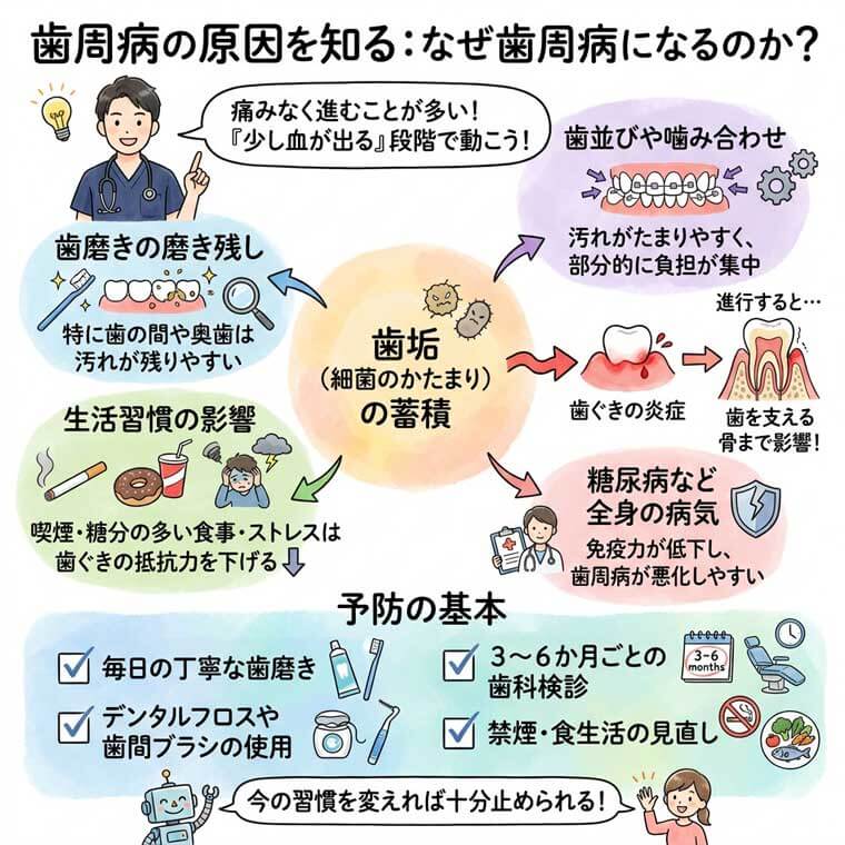 歯周病の原因を知る：なぜ歯周病になるのか？の図解