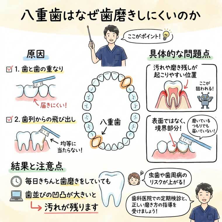八重歯はなぜ歯磨きしにくいのかの図解