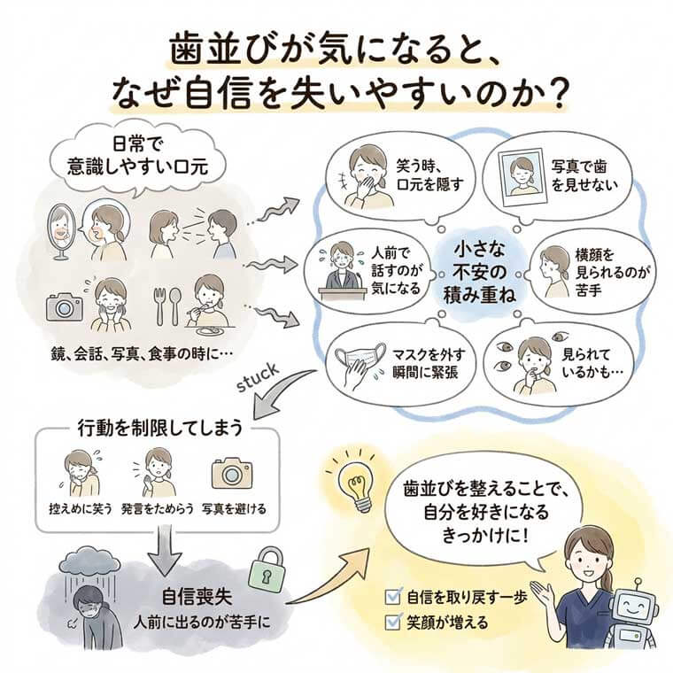 歯並びが気になると、なぜ自信を失いやすいのかの図解