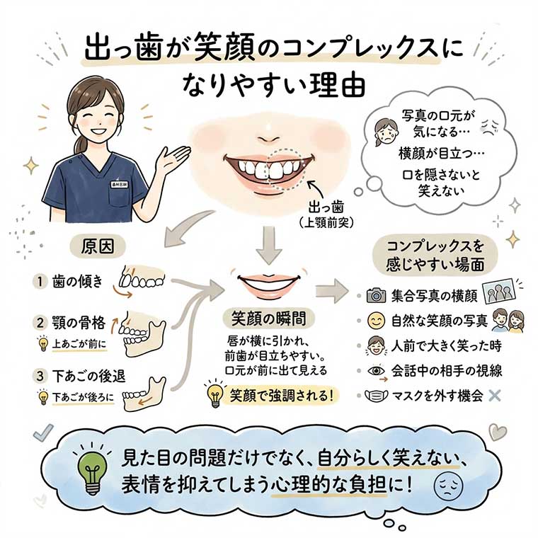 出っ歯が笑顔のコンプレックスになりやすい理由の図解