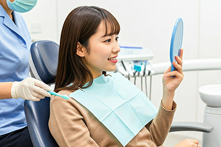 手鏡で歯並びを確認する女性