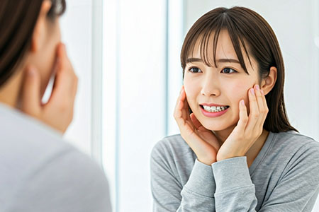 鏡を見て歯並びを気にする女性